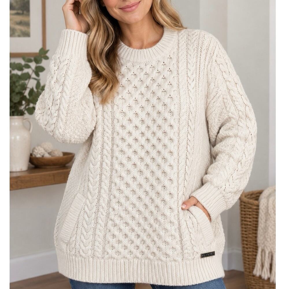 Blarney Woolen Mills Aran Fisherman Knit Wool Irish Cable Knit Cream Sweater XS